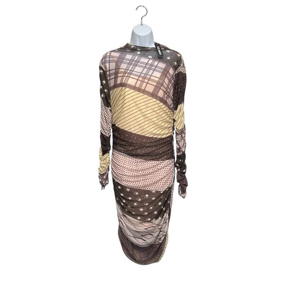 Steve Madden Patterned Mesh Kamille Midi Dress NWT Women's Sz L Multi Ruched - Picture 1 of 7